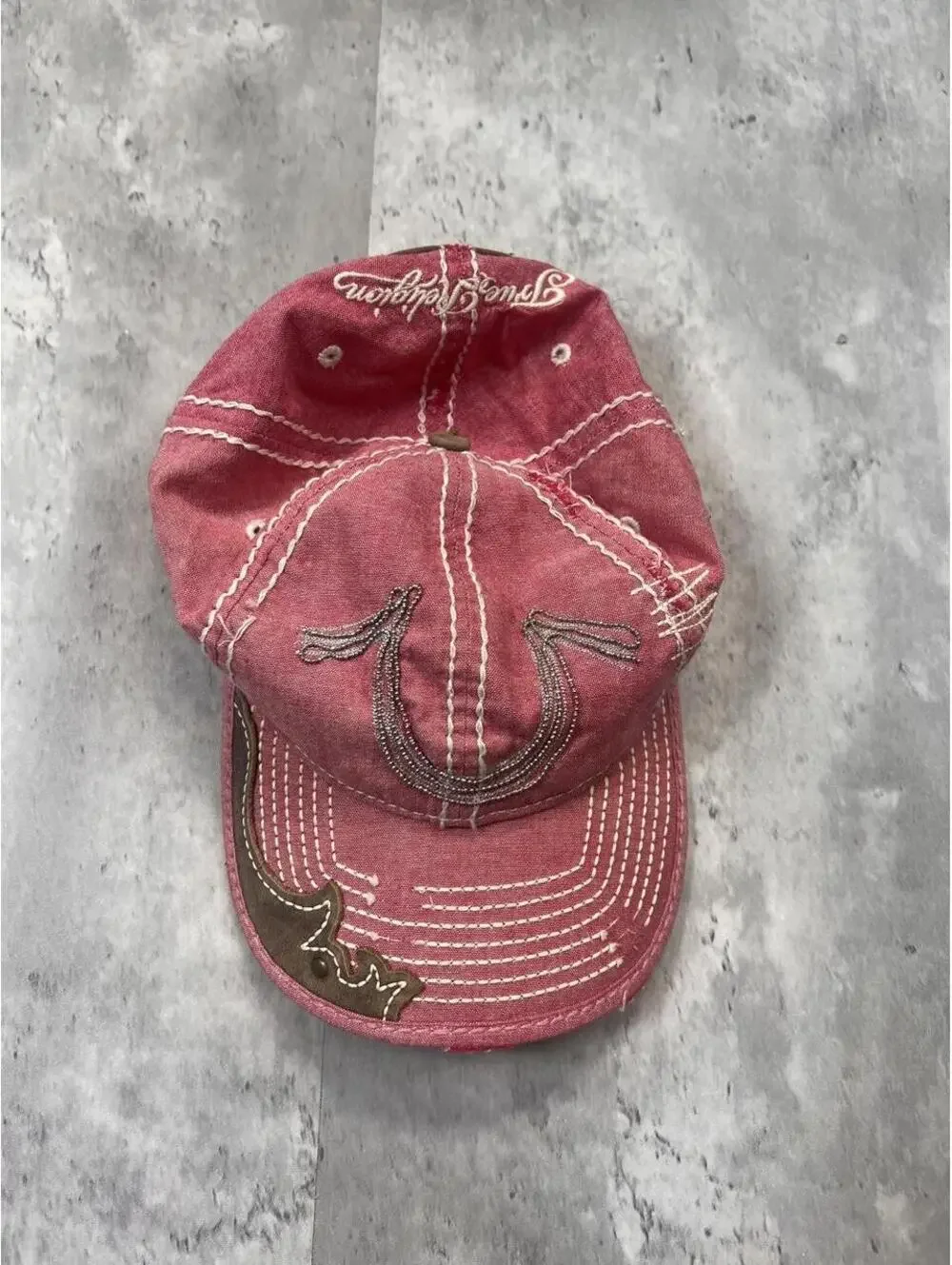 Y2K True Religion Horseshoe Pink Distressed Hat